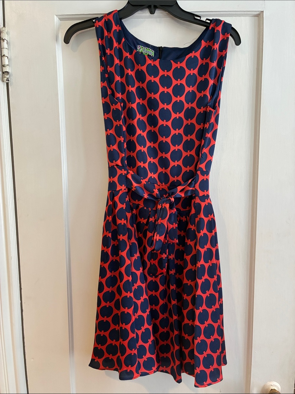 Sleeveless Navy and Red Patterned Tie-Waist Mini Dress